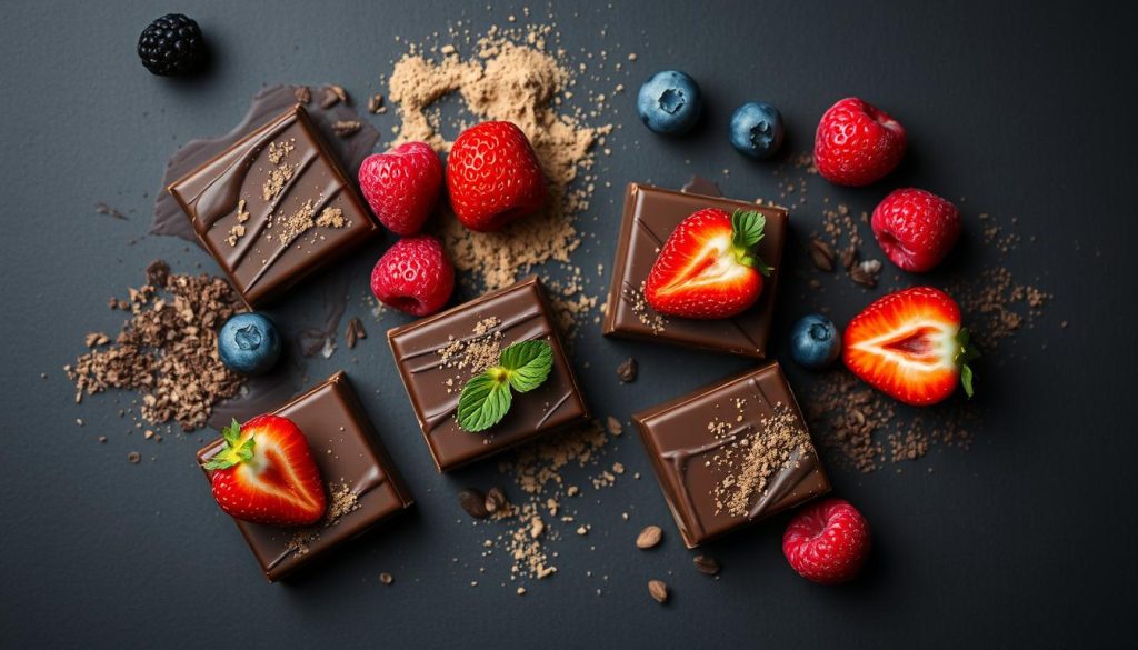 Antioxidant-rich mushroom chocolate pieces with berries, showcasing the protective benefits of mushroom chocolate