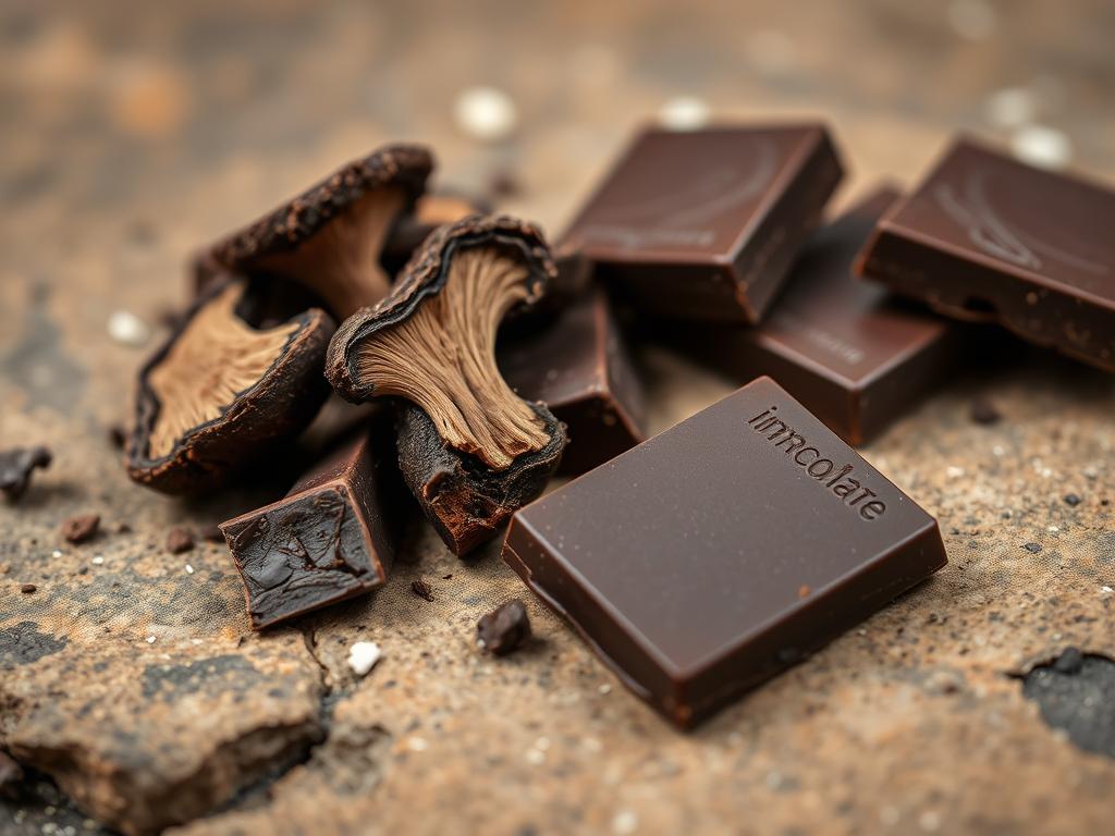 Chaga mushroom and dark chocolate pieces, highlighting the immune-supporting benefits of mushroom chocolate