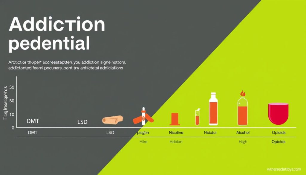 Comparison chart showing addiction potential of DMT versus other substances like nicotine, alcohol, and opioids