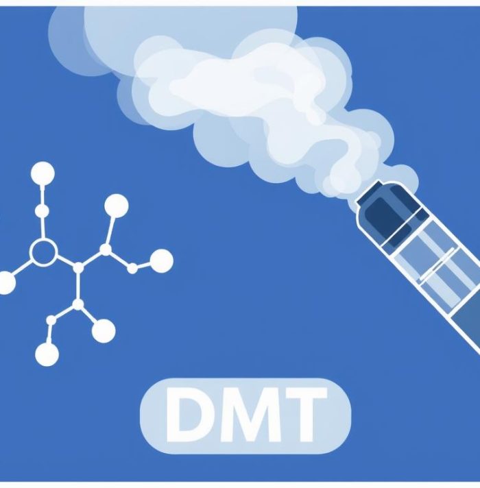 DMT molecular structure and vape pen illustration showing the chemical compound N,N-Dimethyltryptamine