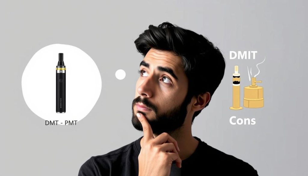 Decision-making visual showing person considering DMT vape vs smoking DMT options
