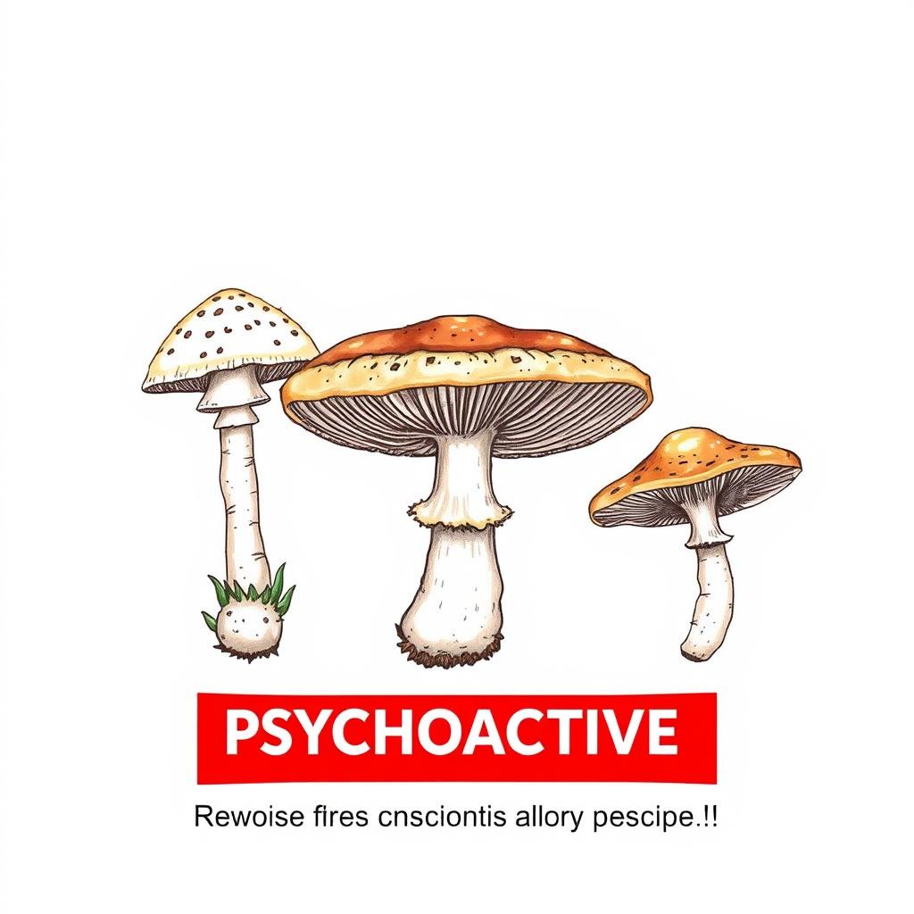 Educational illustration of psilocybin mushroom varieties with warning label about their psychoactive properties
