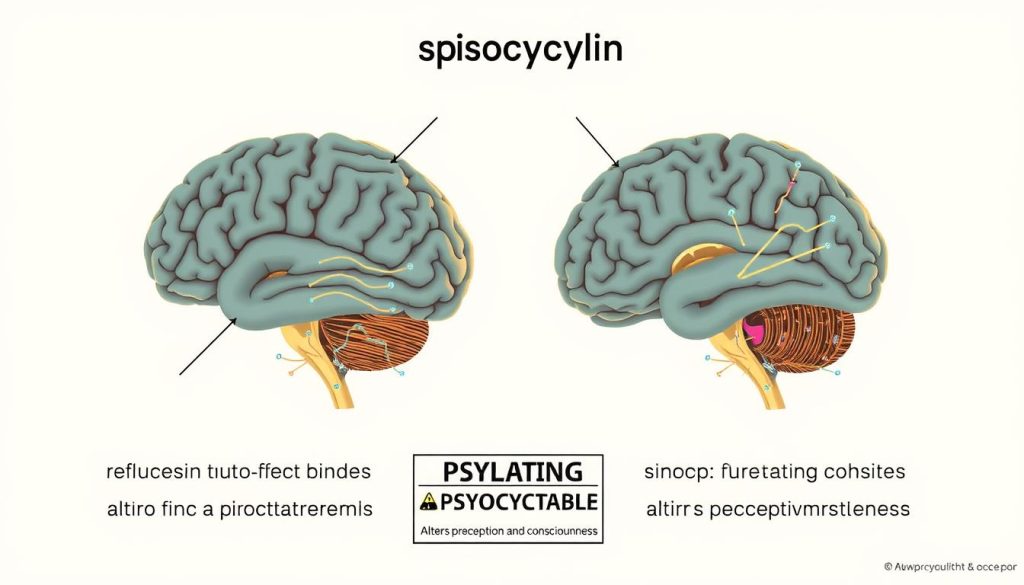 Educational illustration showing how psilocybin affects the brain, with a warning about its psychoactive effects