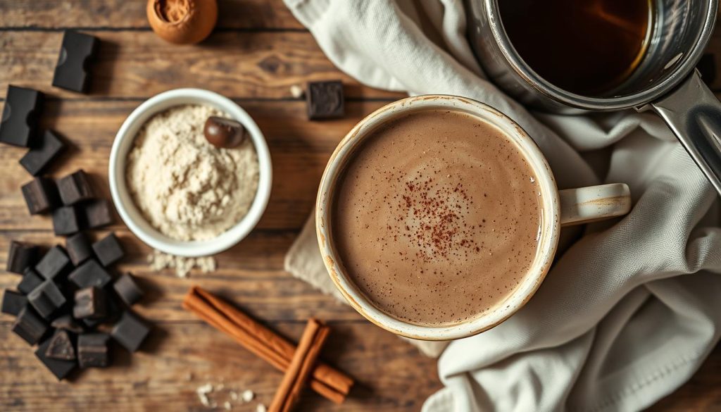 Homemade mushroom hot chocolate with ingredients displayed
