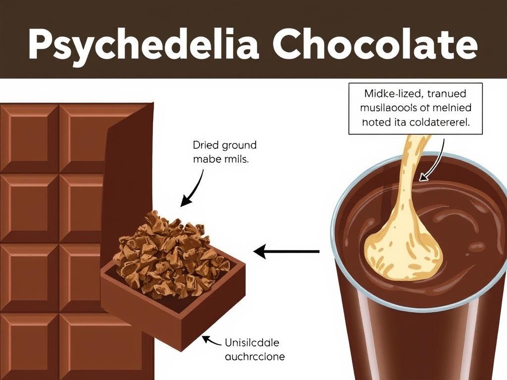 Illustration of psychedelic mushroom chocolate showing how psilocybin mushrooms are incorporated into chocolate