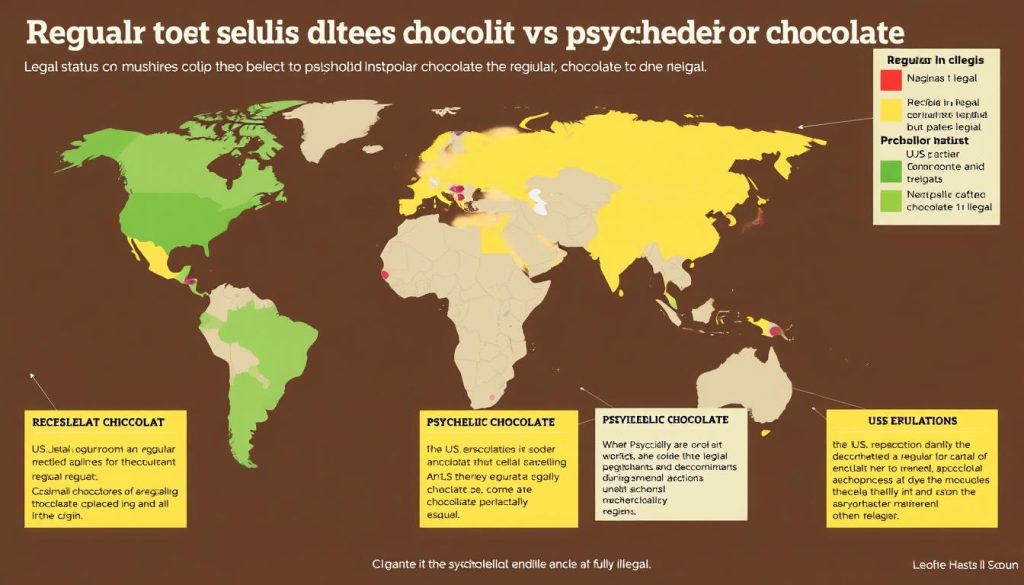 Infographic showing the legal status of mushroom chocolate vs psychedelic mushroom chocolate across different regions