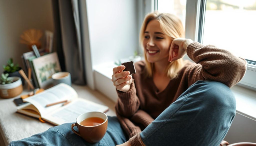 Person enjoying mushroom chocolate as part of their wellness routine