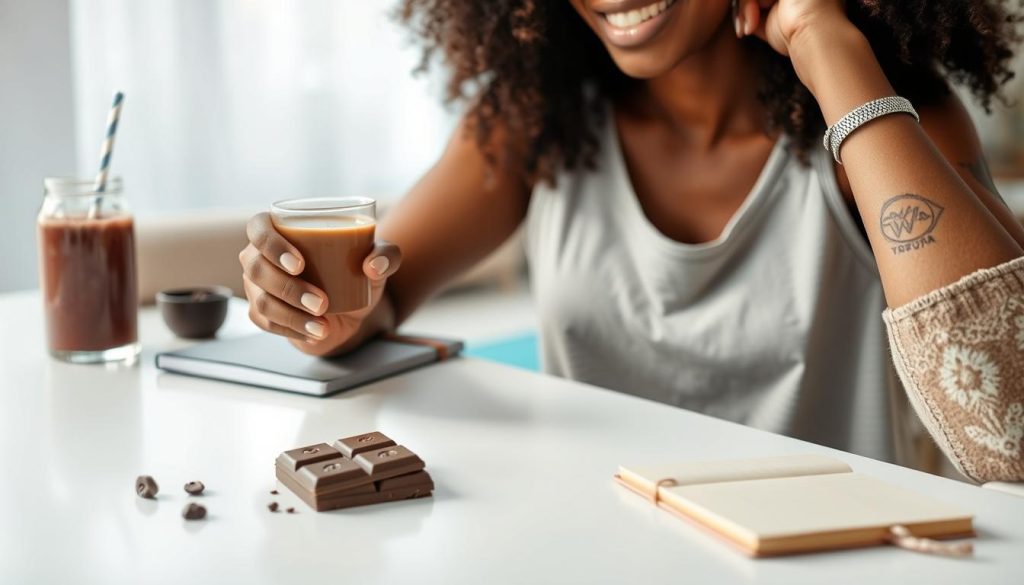 Person enjoying regular mushroom chocolate as part of a wellness routine with other health products