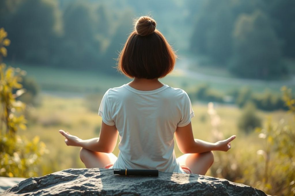 Person meditating in a peaceful natural setting with a vape pen nearby