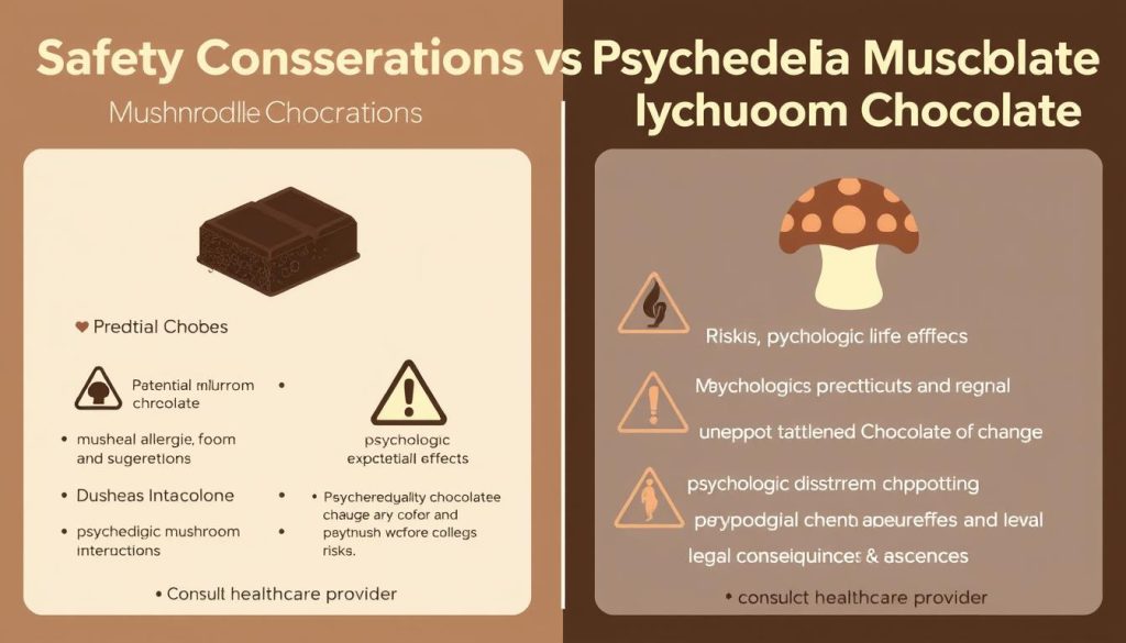 Safety comparison infographic for mushroom chocolate vs psychedelic mushroom chocolate showing potential risks