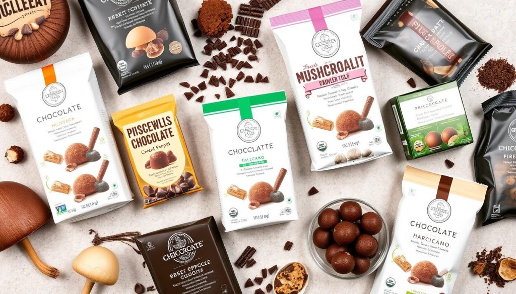 Selection of premium mushroom chocolate products from different brands