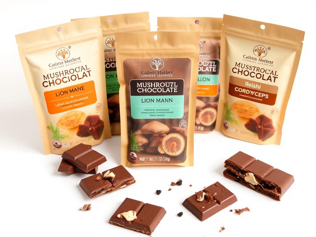 Various functional mushroom chocolate products showing packaging with labels indicating mushroom types like lion's mane and reishi