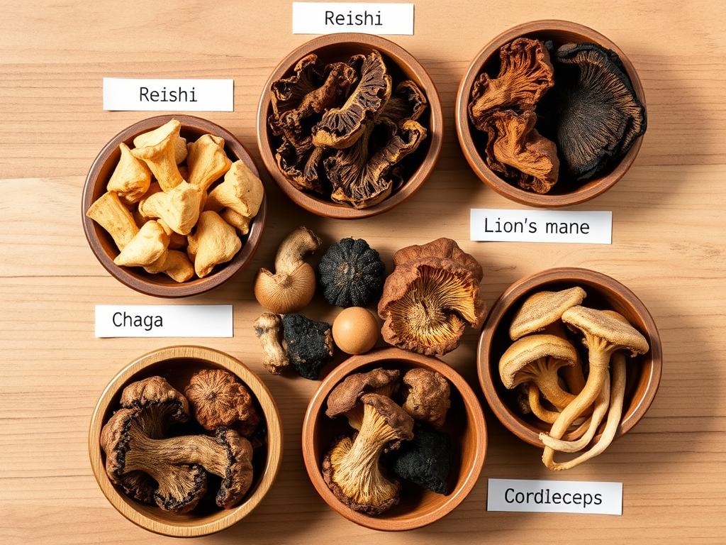 Various types of functional mushrooms used in mushroom chocolate